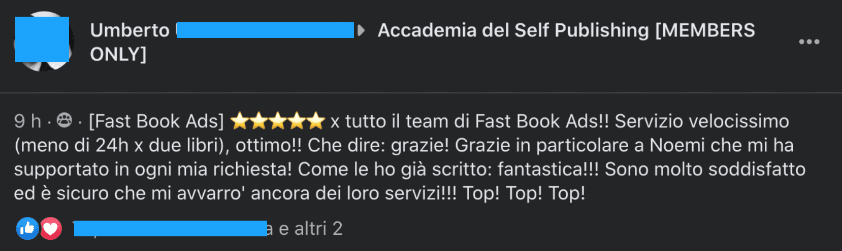 Testimonianza cliente Fast Book Ads