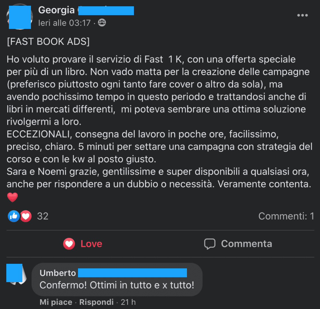 Testimonianza cliente Fast Book Ads